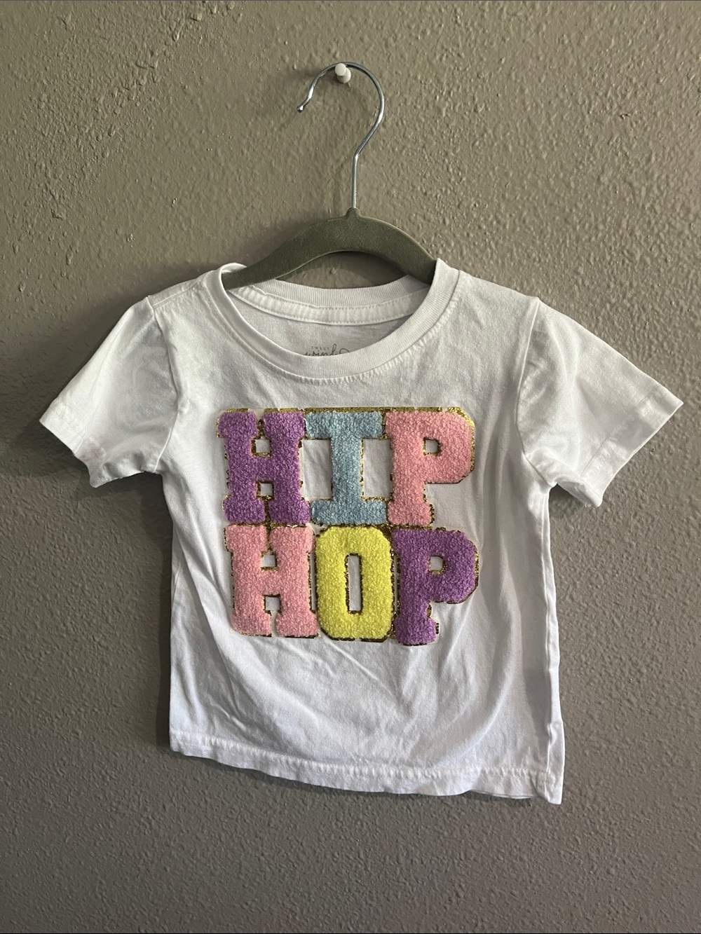 White Short Sleeve Tee with Colorful 'HIP HOP' Appliqué